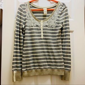 Free People Scoop Neck Striped Lace Accent Top Women’s Size M